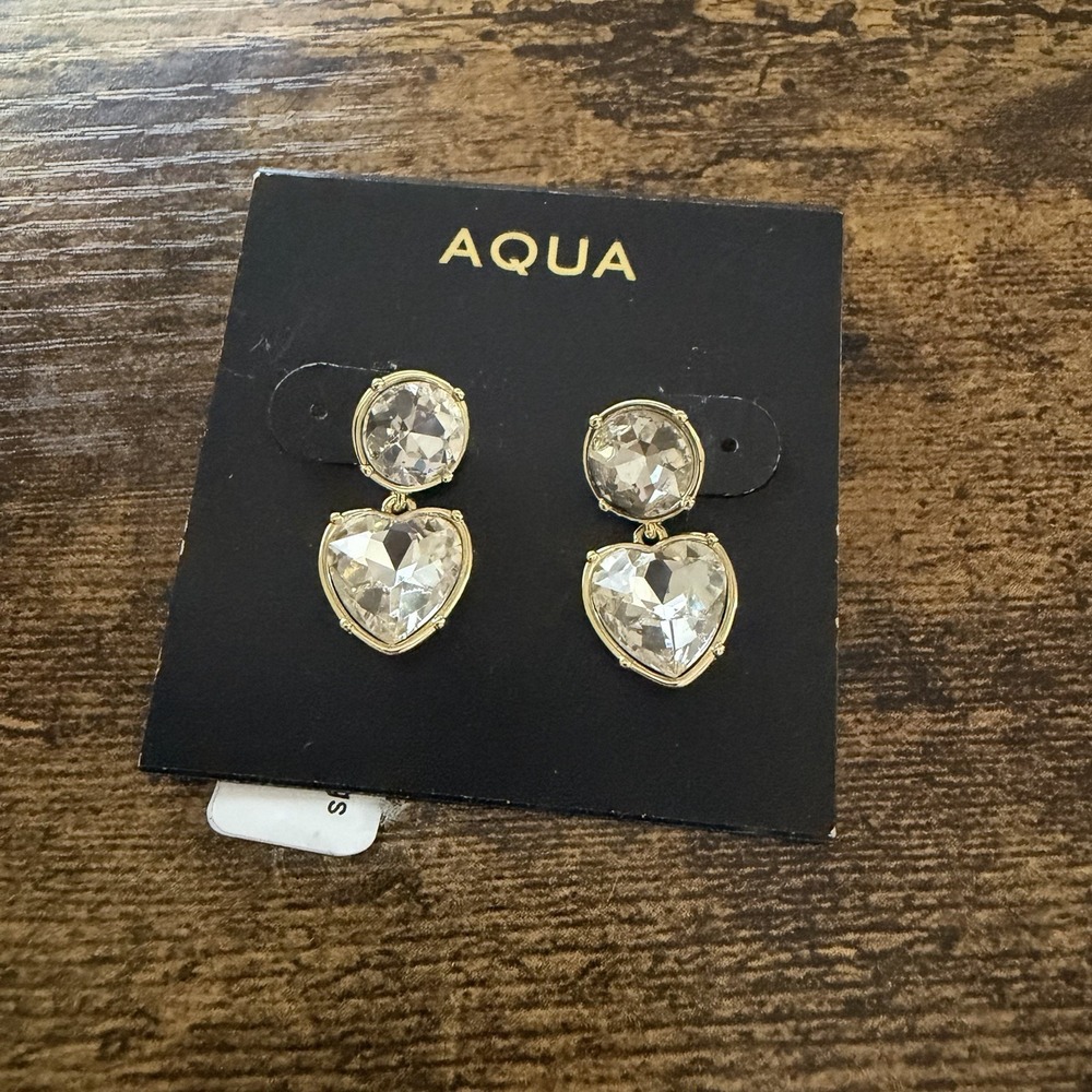 Aqua Clear Heart Shaped Gemstone Drop Earrings Gold Tone